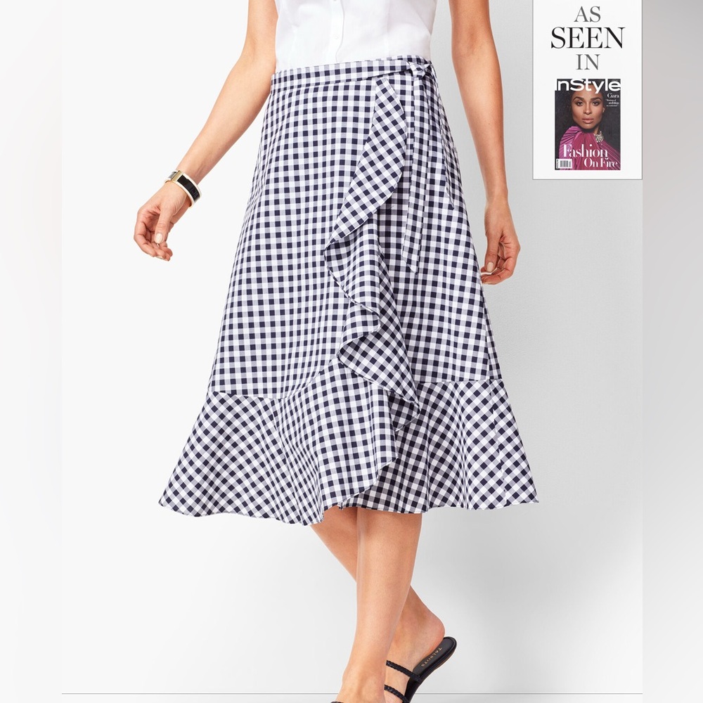 Talbots Dark Navy Gingham Plaid Ruffle Tiered Skirt With Belt 14